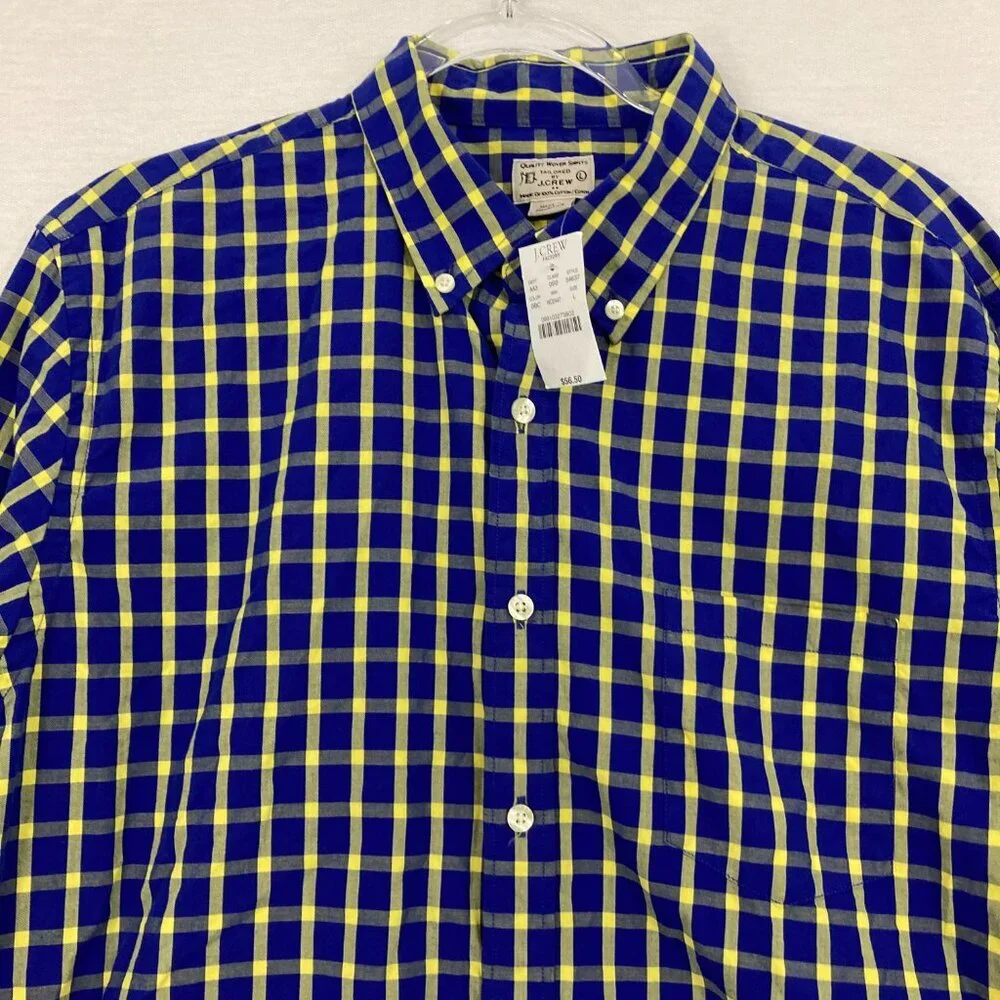 New J.Crew Men's Blue‎ Yellow Plaid Cotton Long Sleeve Button Down Large Office